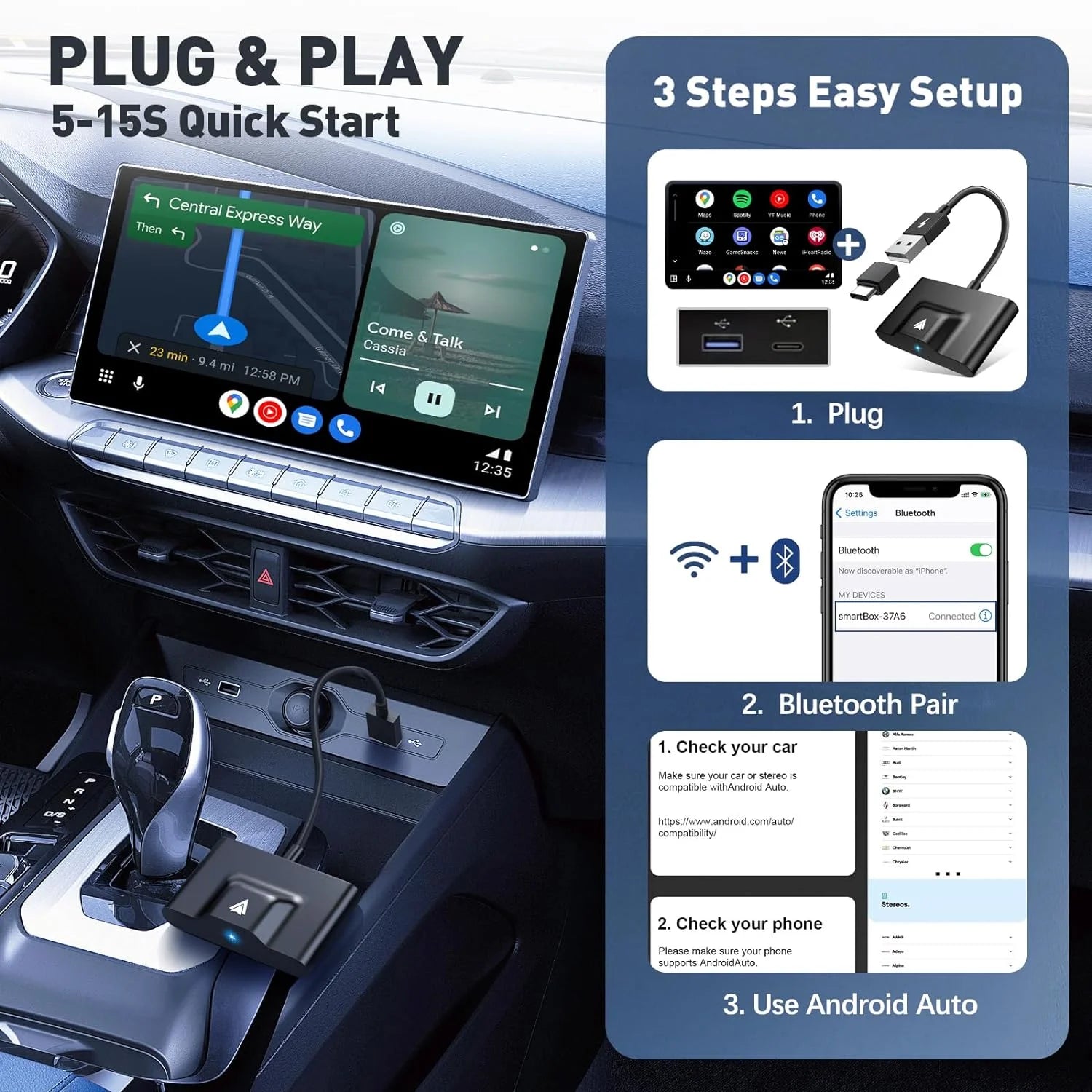 Wireless Android Carplay Auto Adapter for Android Auto Cars Android Auto Wireless Adapter Plug & Play