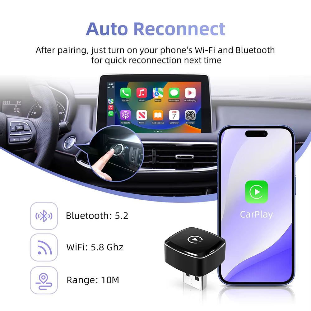 2 in 1 Wireless Carplay Adapter, Converts Wired to Wireless Carplay Adapter for Iphone, Wireless Control Plug & Play Carplay