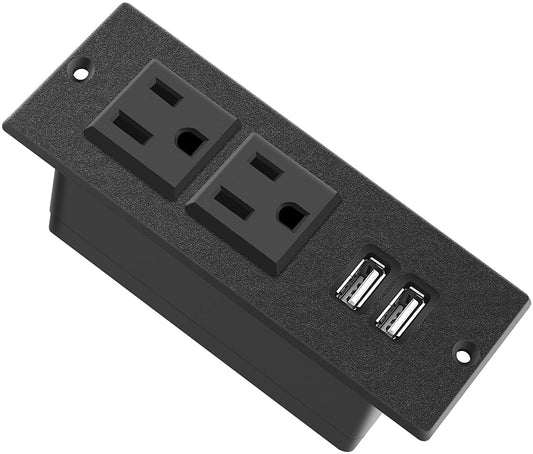 Recessed Power Strip, Black Desktop Power Grommet Socket with Furniture, 2 AC Outlets & 2 USB Ports for Conference Desk, Kitchen, Office, Home, Hotel