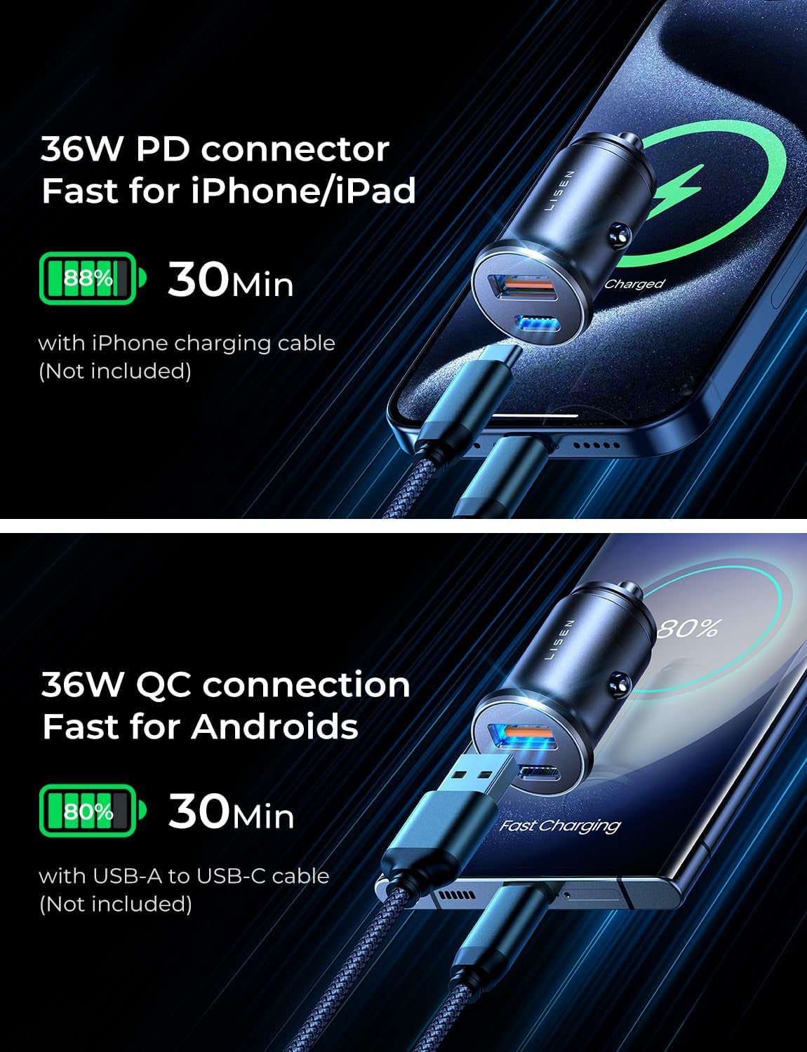 Car Charger USB C Super Mini Fast Charging 2026 NEW PD36W&QC3.0 18W Dual Port 12V Socket Outlet Cigarette Lighter Adapter Tpye C, Car Accessories for Iphone 17 16 15 Pro Galaxy S25 Pixel