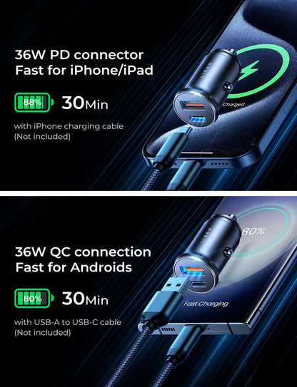 Car Charger USB C Super Mini Fast Charging 2026 NEW PD36W&QC3.0 18W Dual Port 12V Socket Outlet Cigarette Lighter Adapter Tpye C, Car Accessories for Iphone 17 16 15 Pro Galaxy S25 Pixel
