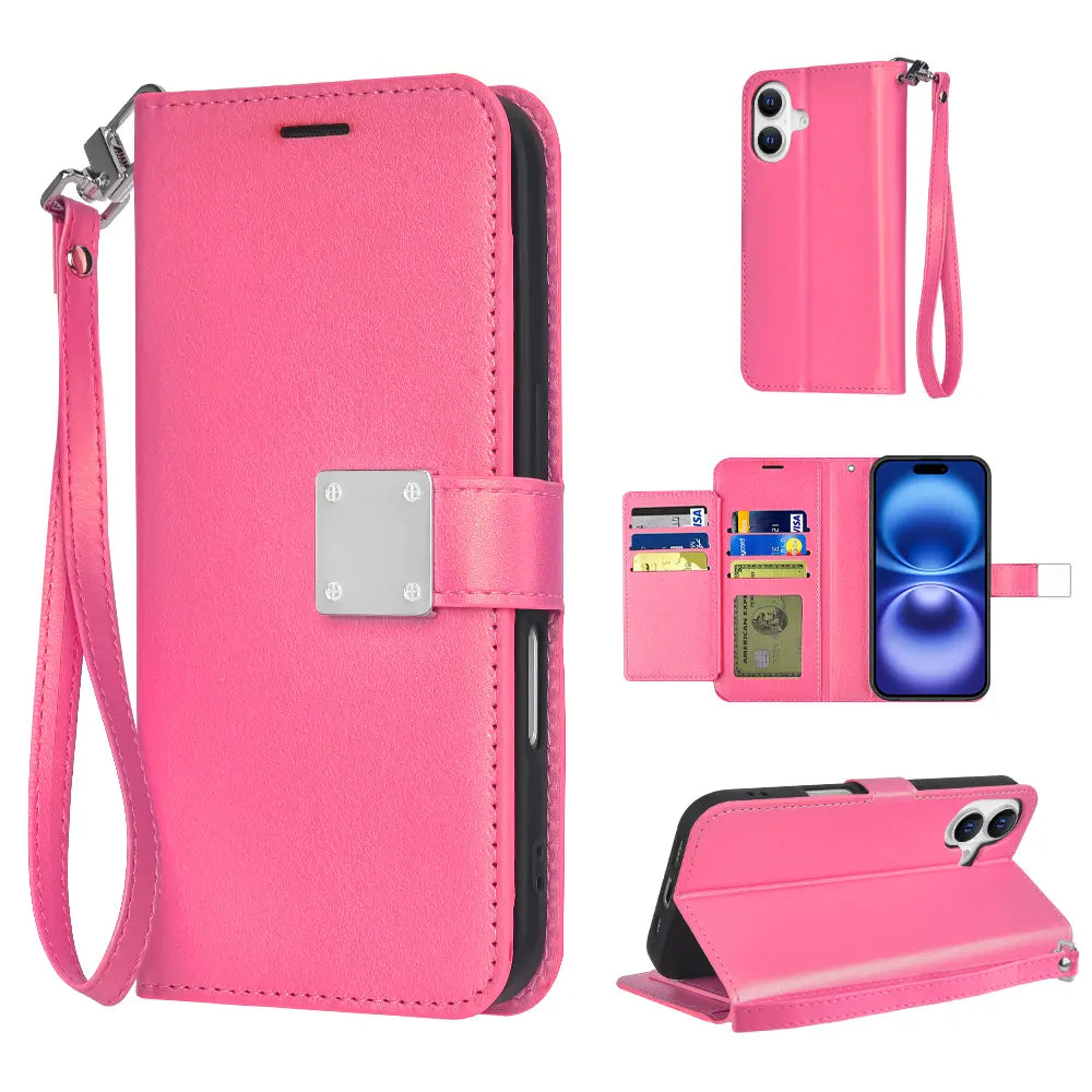 Happydeal Bi-Fold High Quality Synthetic Leather Wallet Credit Card Holder Stand Cover Case with Strap for Apple Iphone 16 Pro MAX