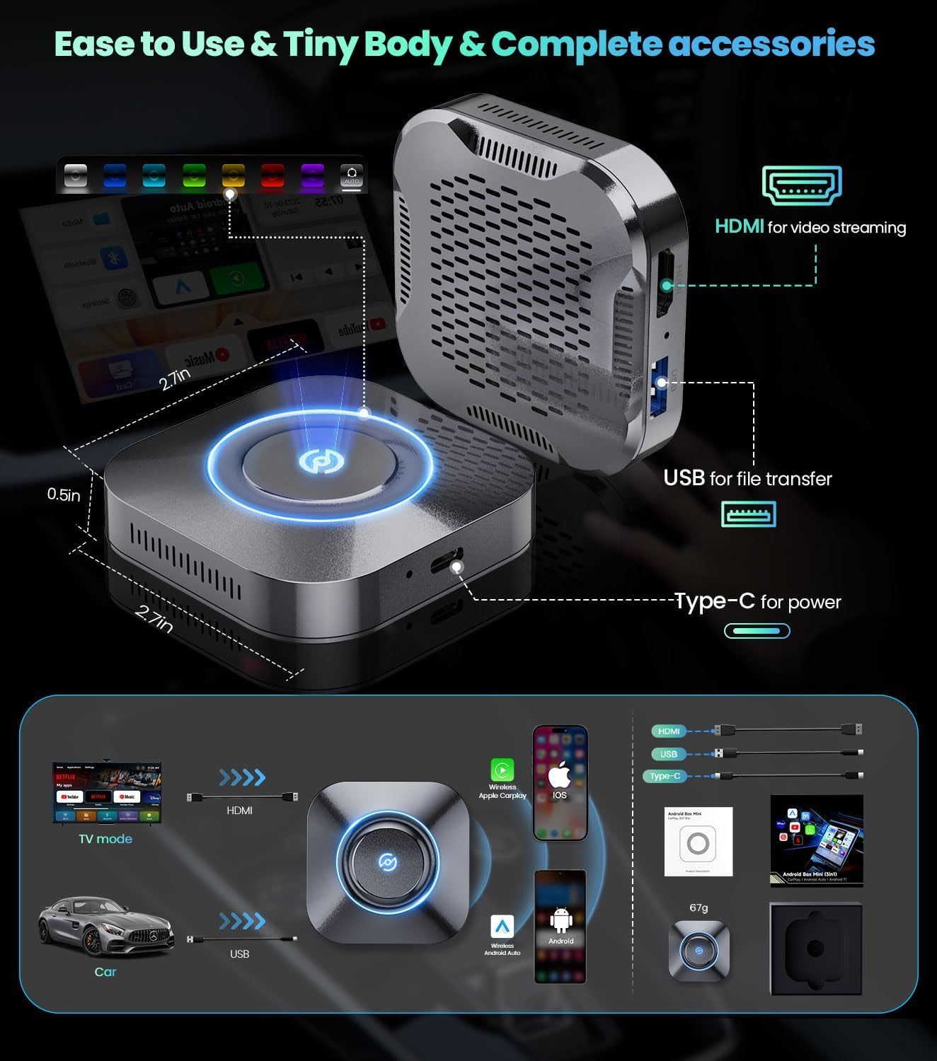 Carplay Magic Ai Box 2.0, Wireless Carplay Adapter Streaming Supports Netfiix/Youtube/World TV, Apple Carplay/Android Auto Wireless Adapter
