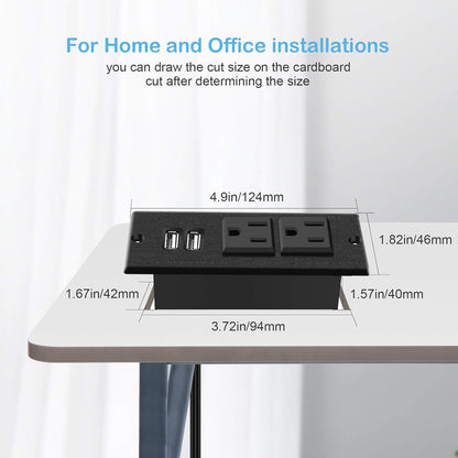 Recessed Power Strip, Black Desktop Power Grommet Socket with Furniture, 2 AC Outlets & 2 USB Ports for Conference Desk, Kitchen, Office, Home, Hotel