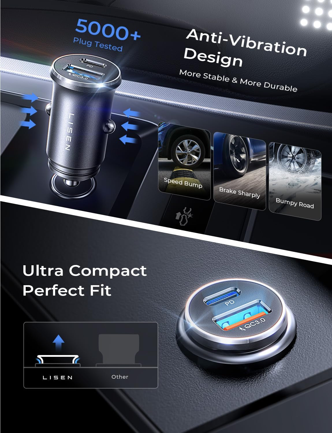 Car Charger USB C Super Mini Fast Charging 2026 NEW PD36W&QC3.0 18W Dual Port 12V Socket Outlet Cigarette Lighter Adapter Tpye C, Car Accessories for Iphone 17 16 15 Pro Galaxy S25 Pixel