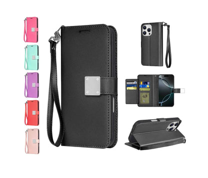 Happydeal Bi-Fold High Quality Synthetic Leather Wallet Credit Card Holder Stand Cover Case with Strap for Apple Iphone 16 Pro MAX