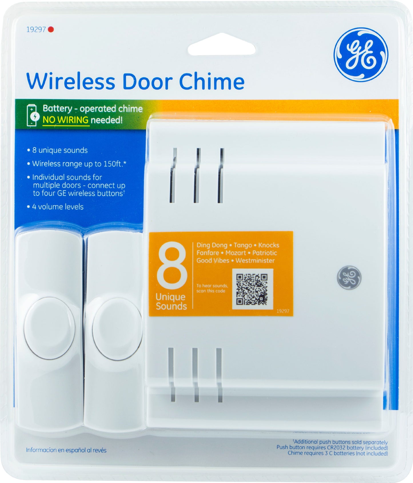 Wireless Doorbell Kit, 8 Chime Melodies, 1 Receiver, 2 Push Buttons, Battery-Operated, 19297