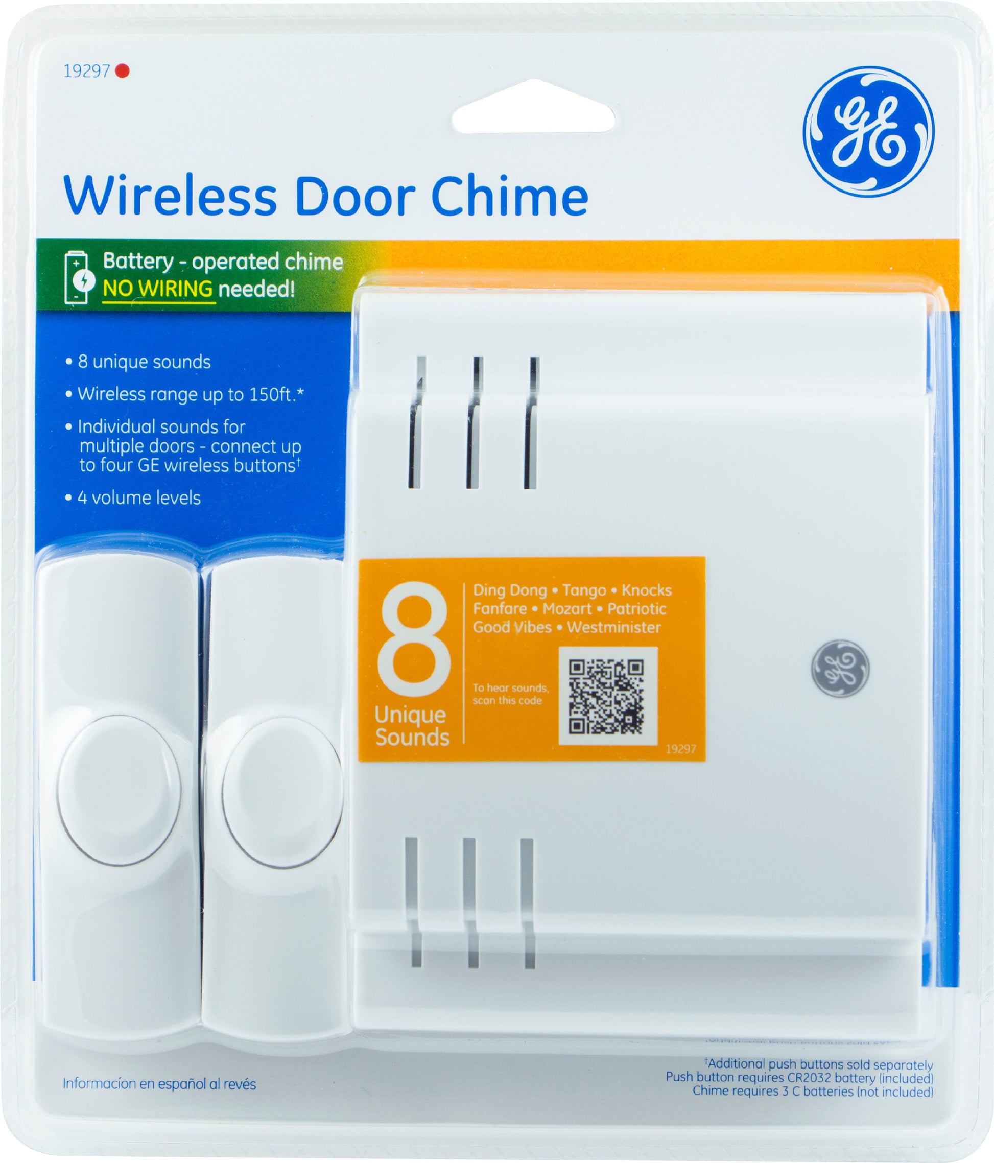 Wireless Doorbell Kit, 8 Chime Melodies, 1 Receiver, 2 Push Buttons, Battery-Operated, 19297