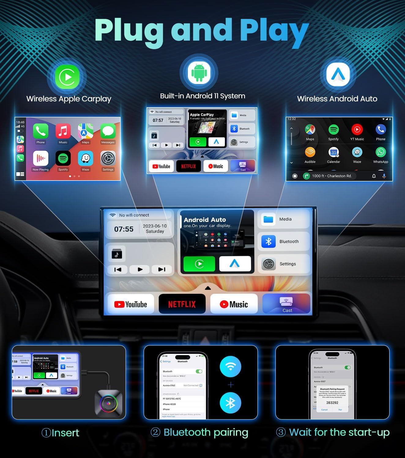 Carplay Magic Ai Box 2.0, Wireless Carplay Adapter Streaming Supports Netfiix/Youtube/World TV, Apple Carplay/Android Auto Wireless Adapter