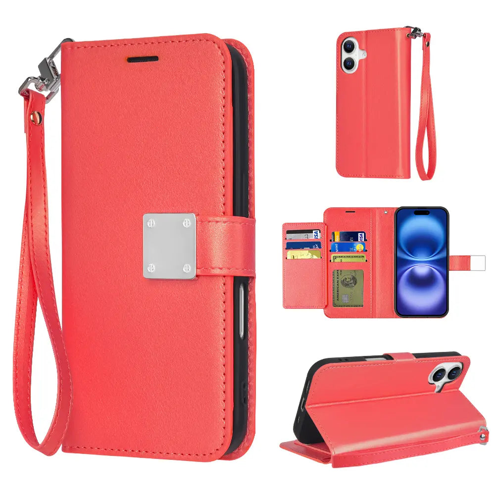 Happydeal Bi-Fold High Quality Synthetic Leather Wallet Credit Card Holder Stand Cover Case with Strap for Apple Iphone 16 Pro MAX